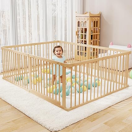 Wooden Baby Playpen, Foldable Large Size Wood Playpen 8 Panels, Adjustable Baby Playard for Babies and Toddlers with Safety Locking Gate, 57"x57"x24"