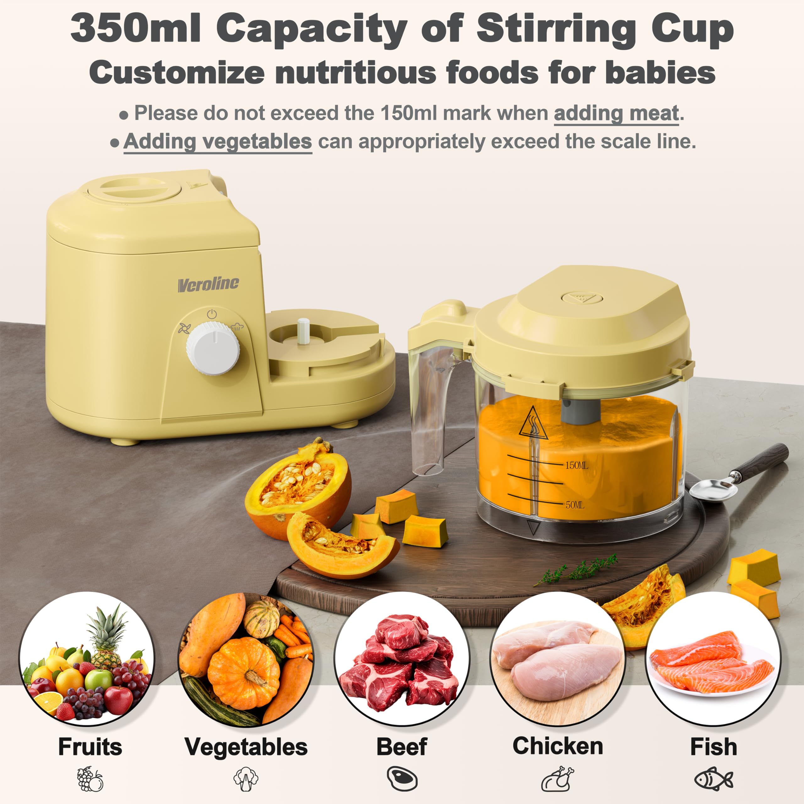 Baby Food Maker, One Button Rotate Control Baby Food Processor, Baby Puree Maker with Steaming and Grinding Functions, Baby Food Steamer and Blender, Yellow
