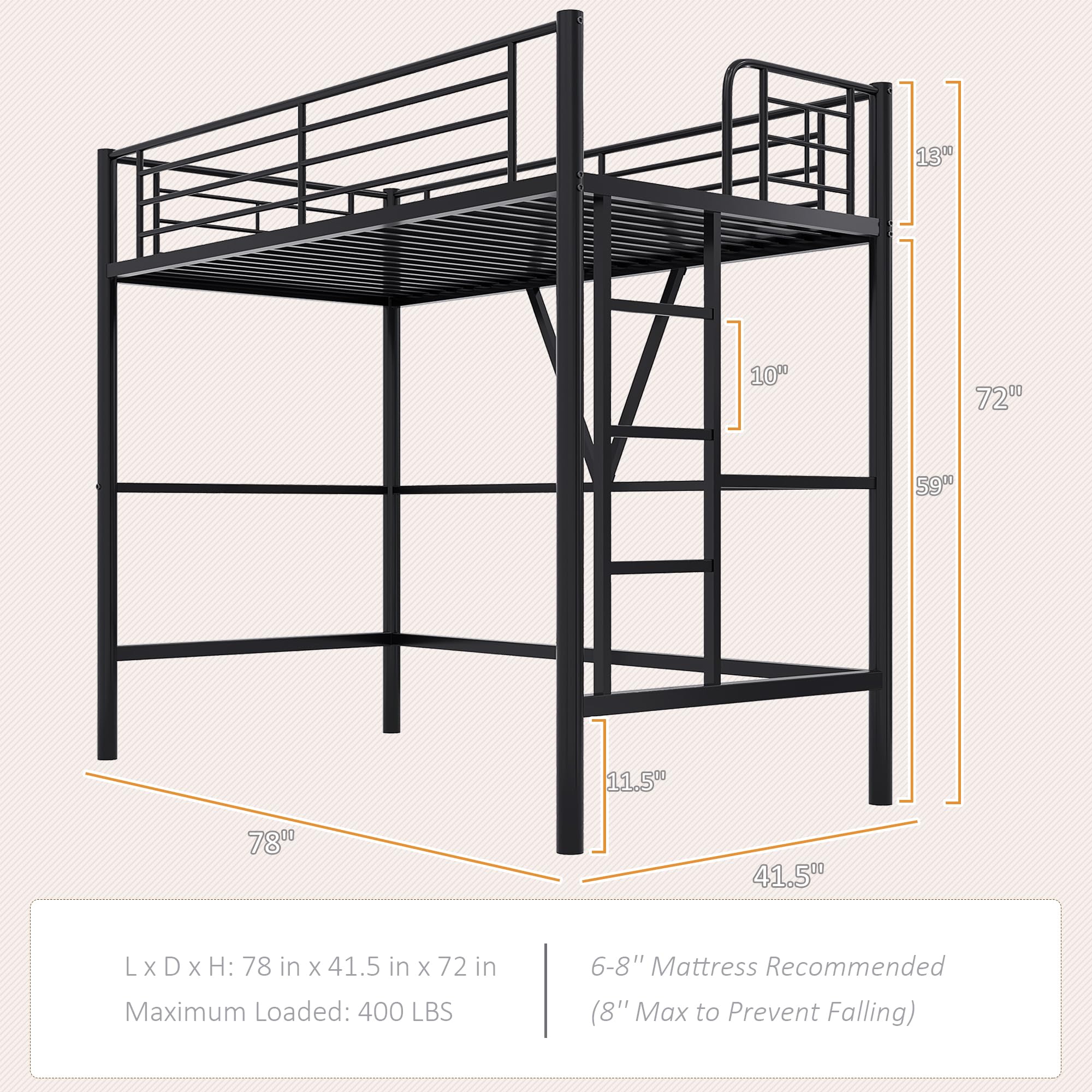 Twin Loft Bed with Full-Length Guardrails and Ladder