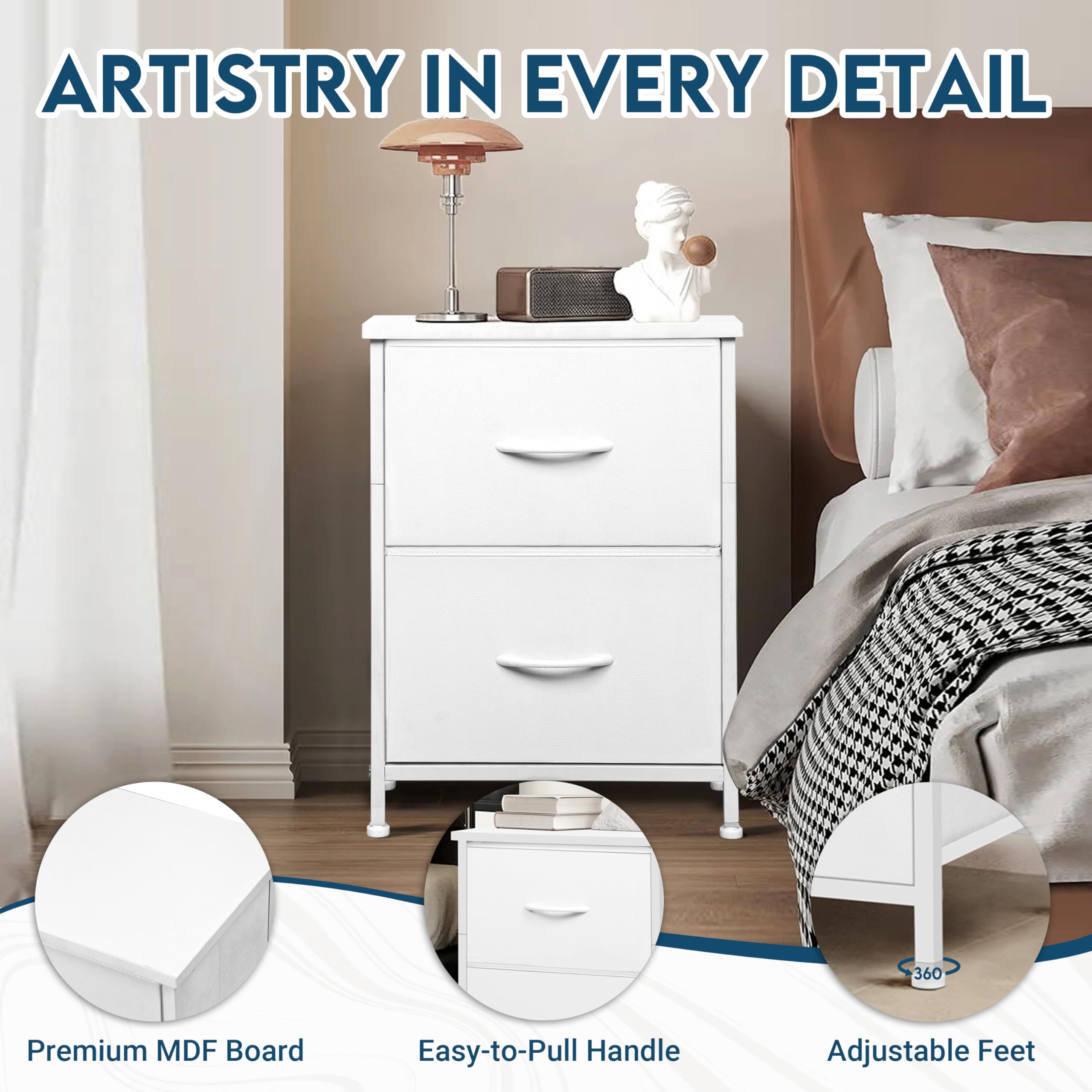 White Nightstand with 2 Fabric Drawers