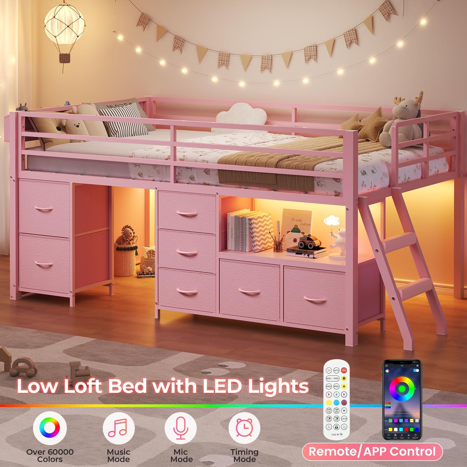 Twin Low Loft Bed with Storage Drawers and LED Lights