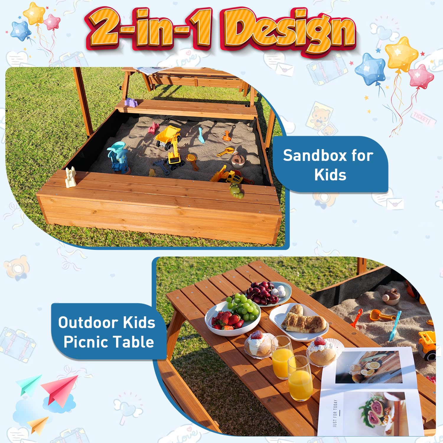 Wooden Kids Sandbox with Adjustable Canopy and Convertible Picnic Table