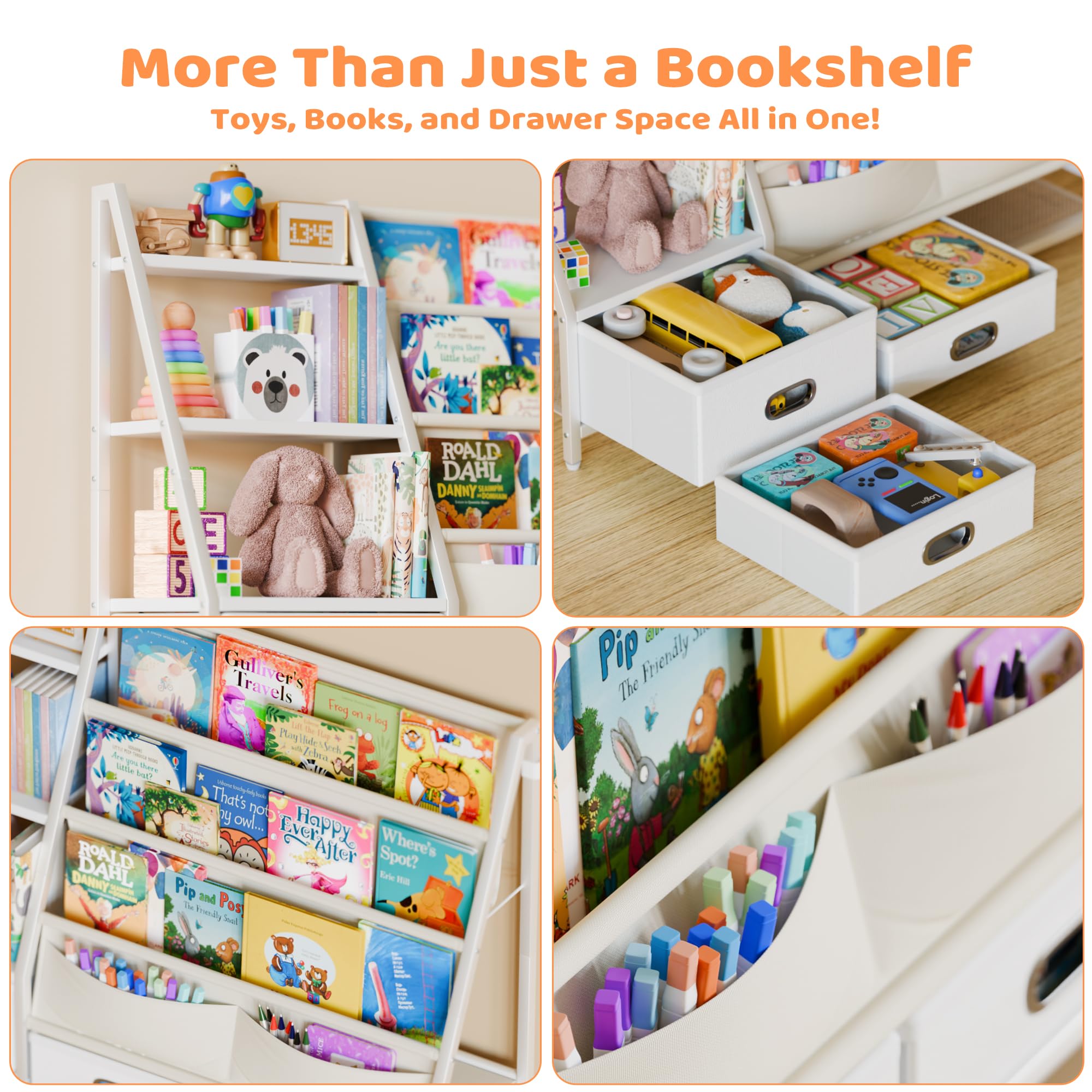 Kids Bookshelf with Storage Drawers - 3 Tier Toddler Book Organizer