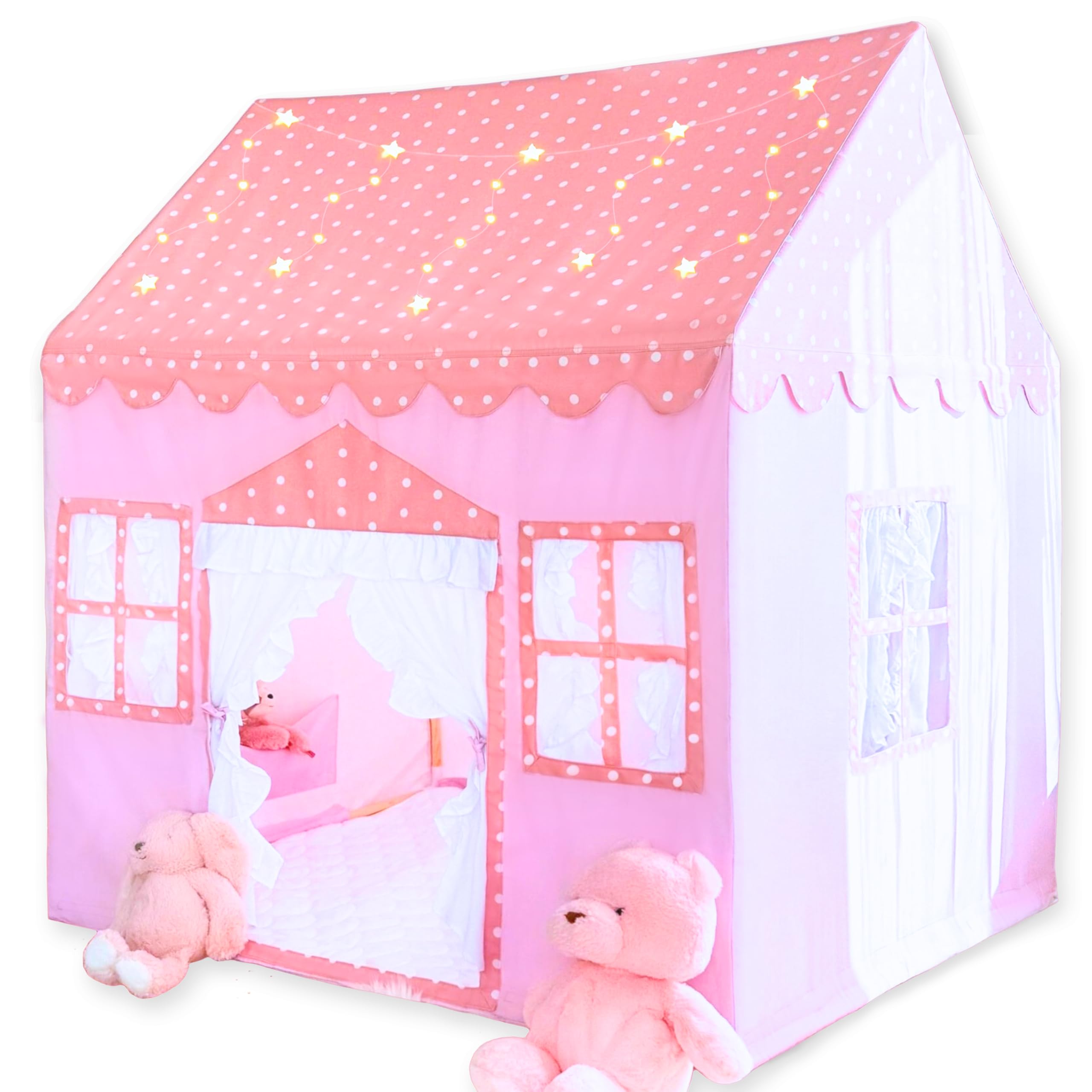 Large Cotton Tent for Kids - 50"x43"x63" Indoor Playhouse with Wooden Frame & Battery Lights, Kids Tent with Carry Bag, 3 Windows & 2 Pockets, CPSC Certified Play House for Girls and Boys