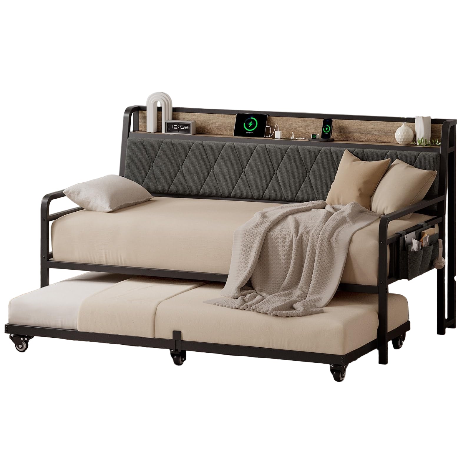Twin Daybed with Trundle, Metal Bed Frame with Ergonomic