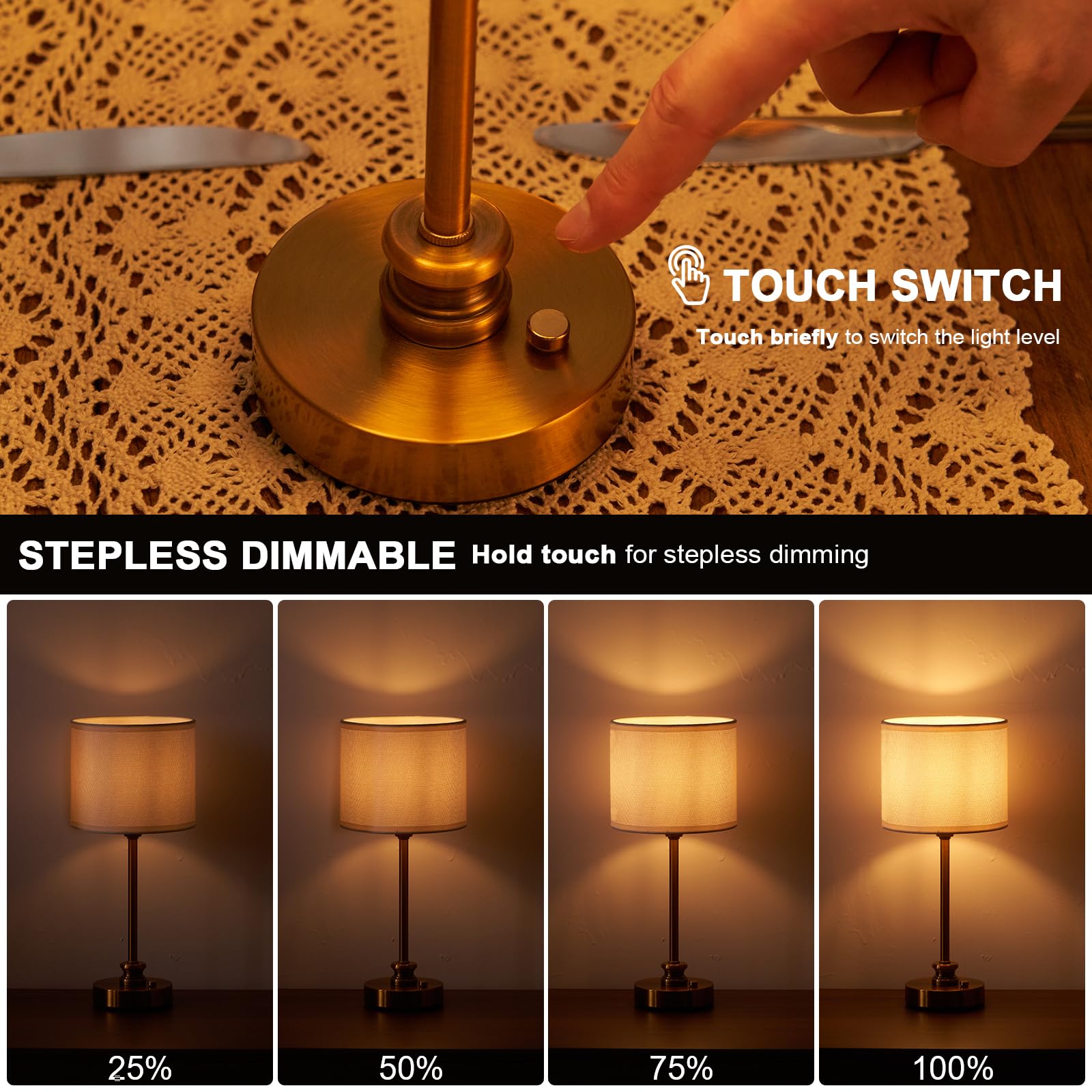 Cordless Rechargeable Table Lamps Set of 2 with Touch Dimming