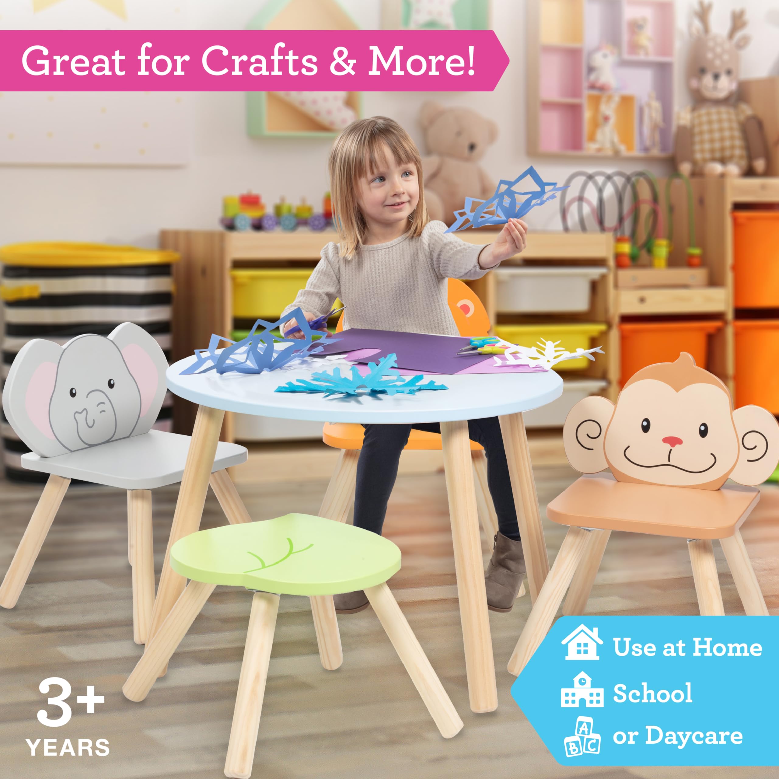 Zoo Animal Wooden Table and Chair Set with 4 Seats for Kids