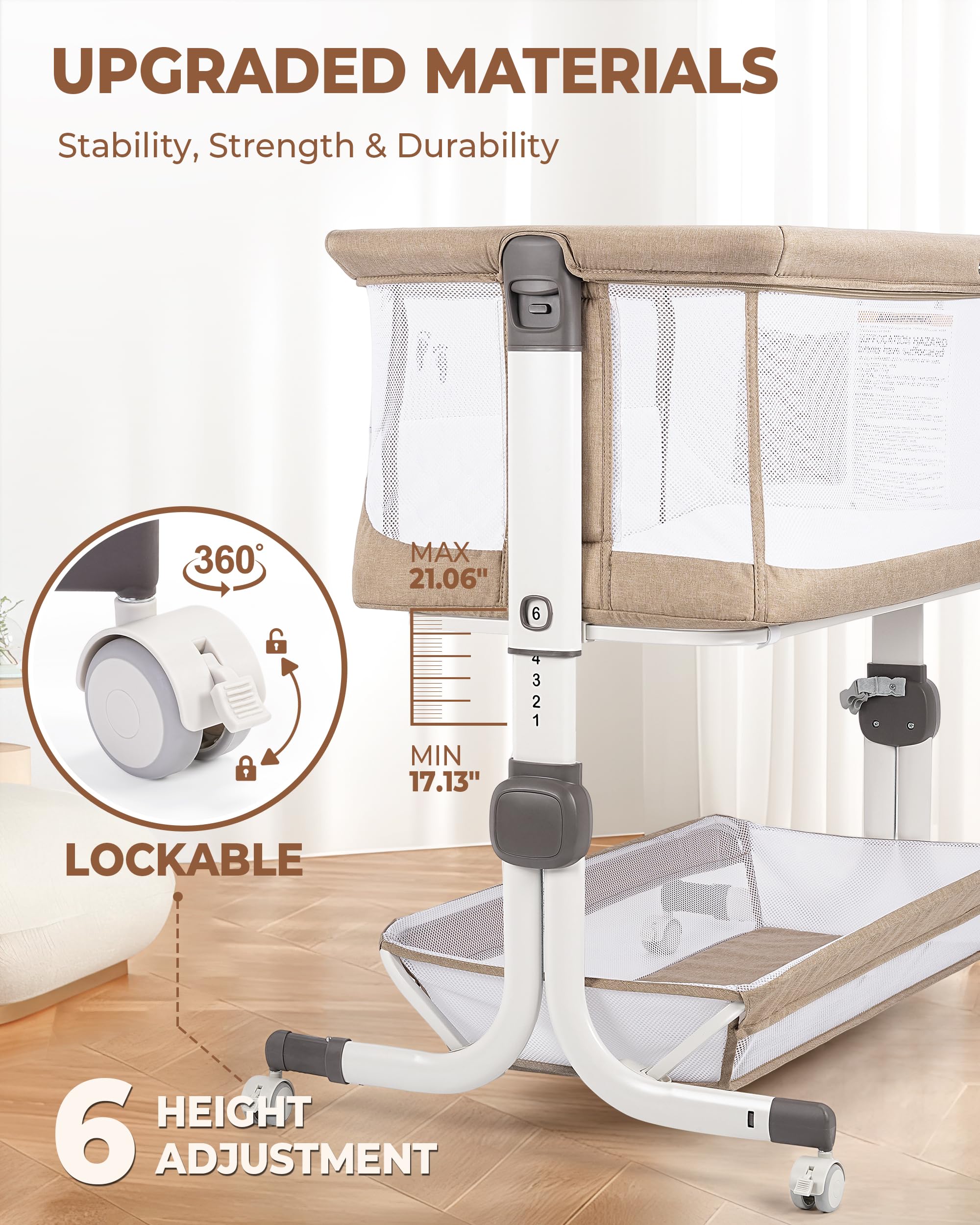 Bedside Bassinet with Mesh Sides and Height Adjustment