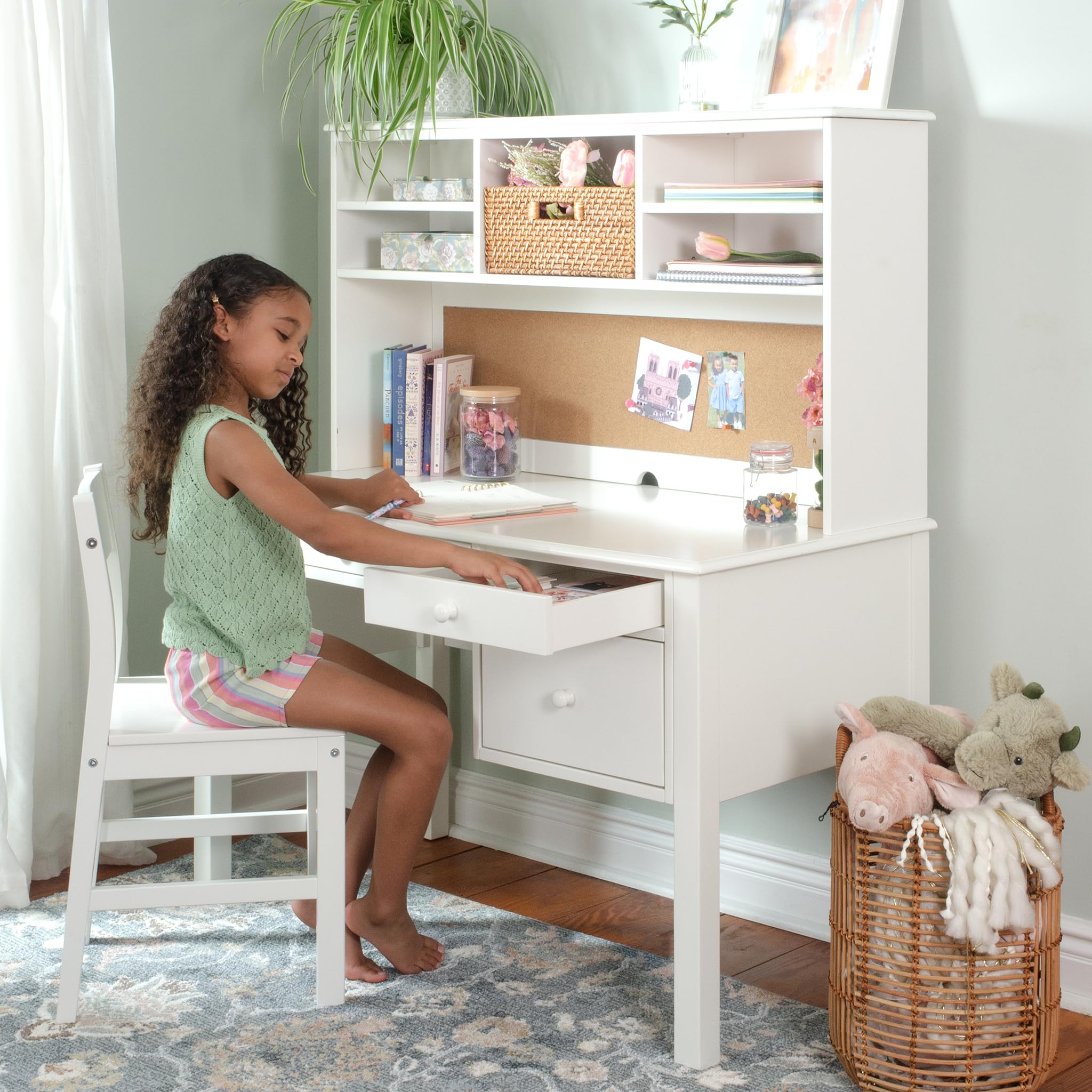 Madison Kids Desk and Chair Set with Hutch - White: Wooden Table with Storage Shelves