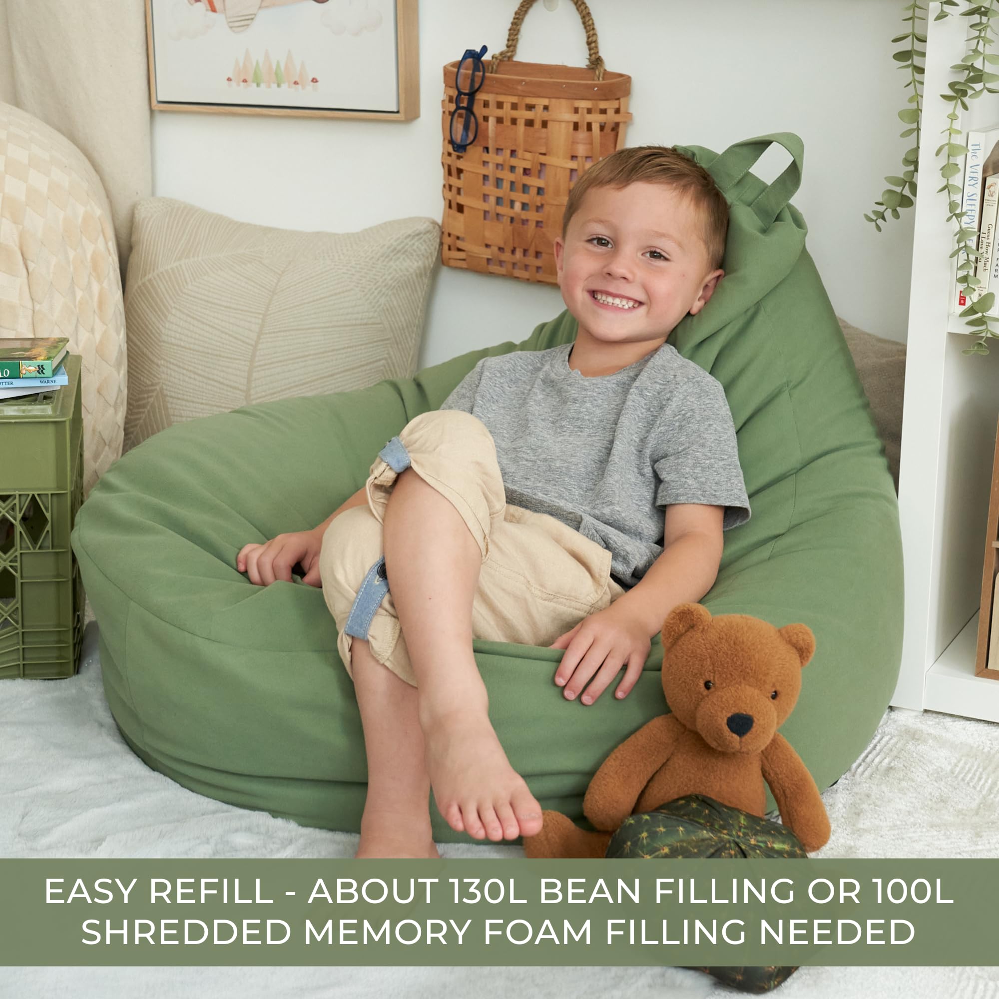 Kids Bean Bag Chair Cover with Storage - Sage Green