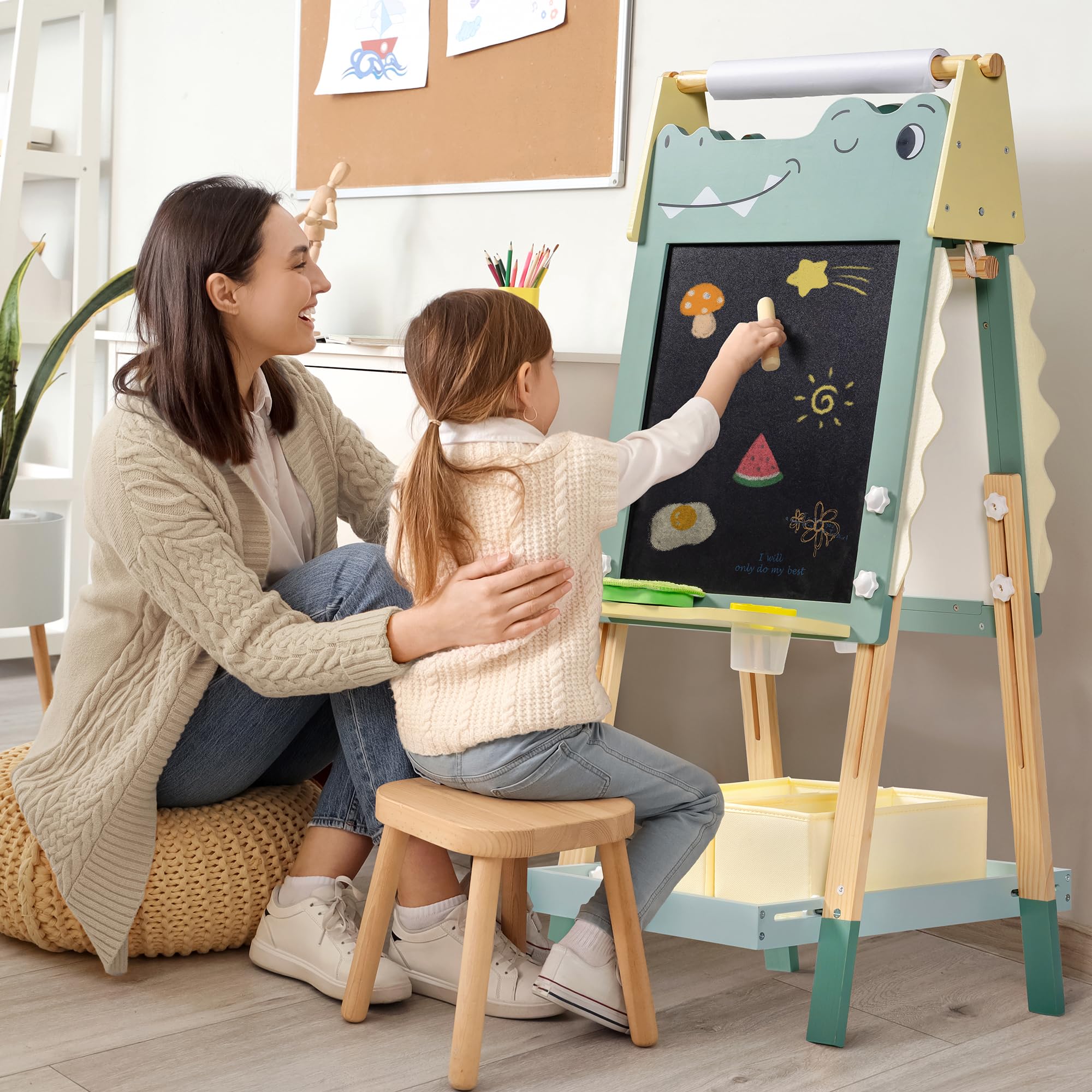 ROBOTIME Alligator Easel for Kids - 3-in-1 Adjustable Height Wooden Children Easel with Magnetic Whiteboard, Chalkboard & Paper Roll Holder, Fun Kid's Art Station for Boys & Girls Ages 3~12 Years