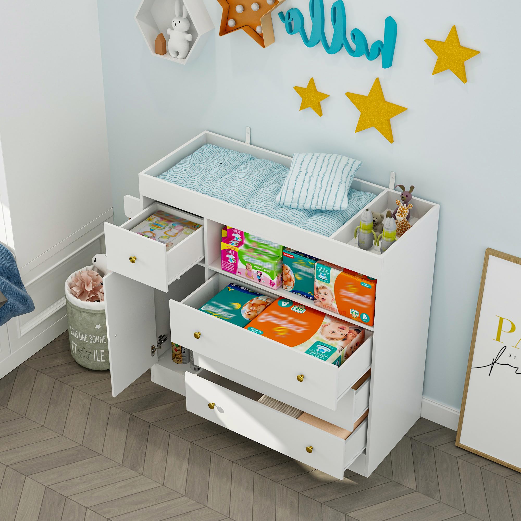 Nursery Dresser with Diaper Changing Tray & Towel Racks