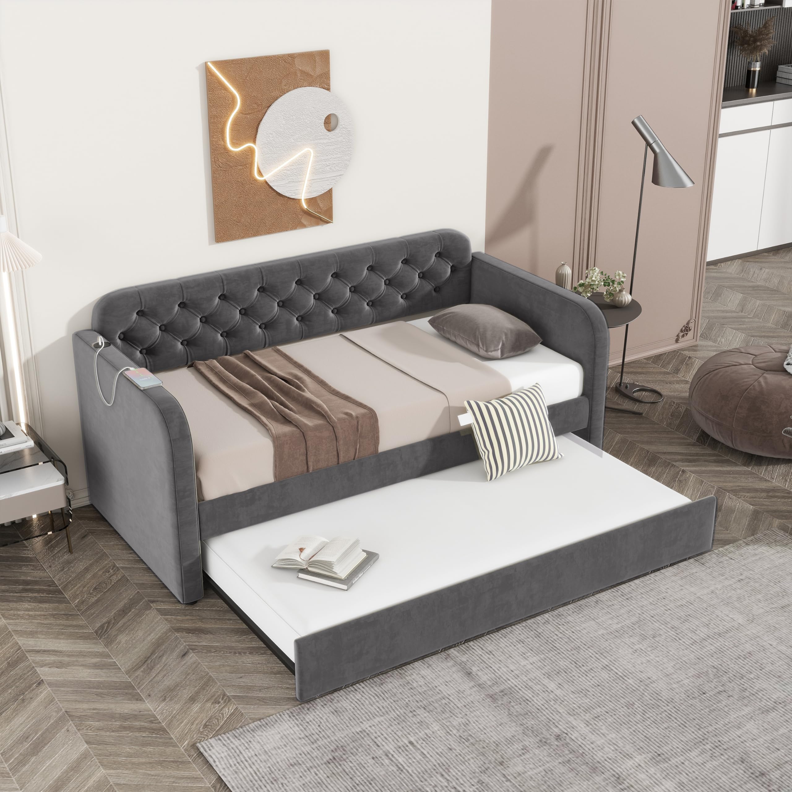 Velvet Upholstered Daybed with Trundle and USB Port