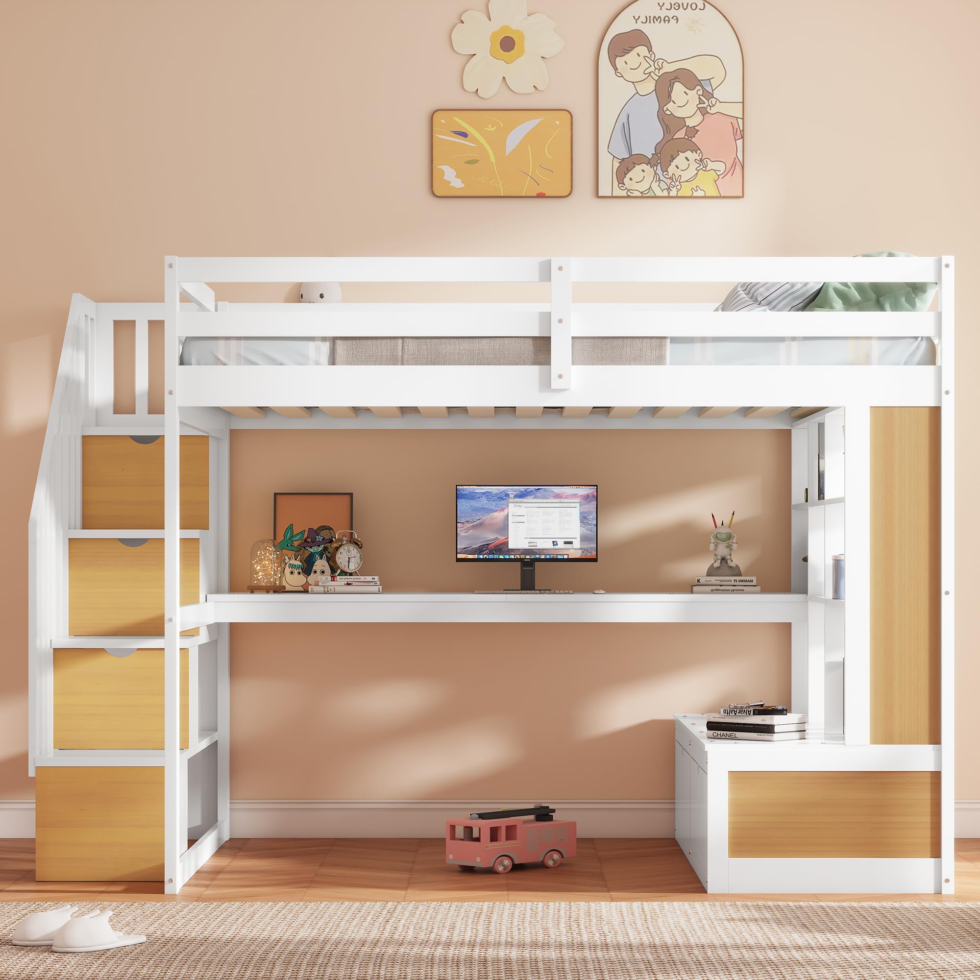 Merax Full Size Wood Loft Bed Frame with 2 Built-in Drawers,Desk,Shelves and Storage Staircase for Bedroom