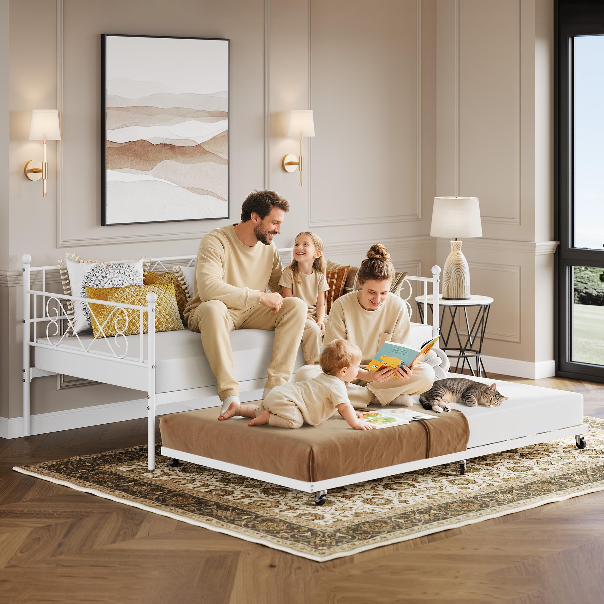 Twin Metal Daybed with Trundle, Premium Steel Slat Support