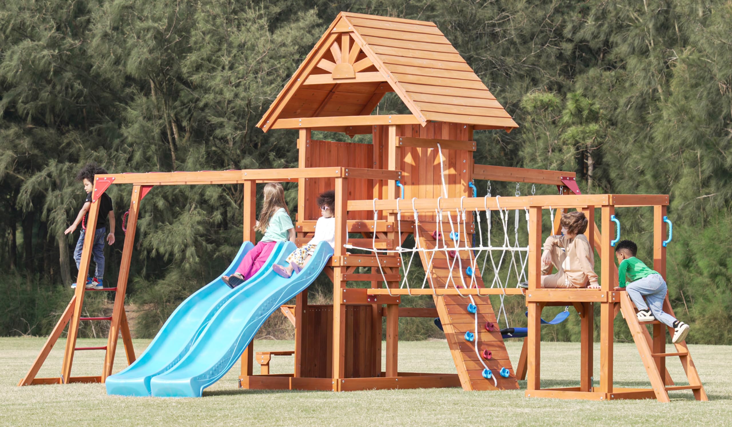 Wooden Swing Set with Monkey Bar Plank Bridge Climbing Wall