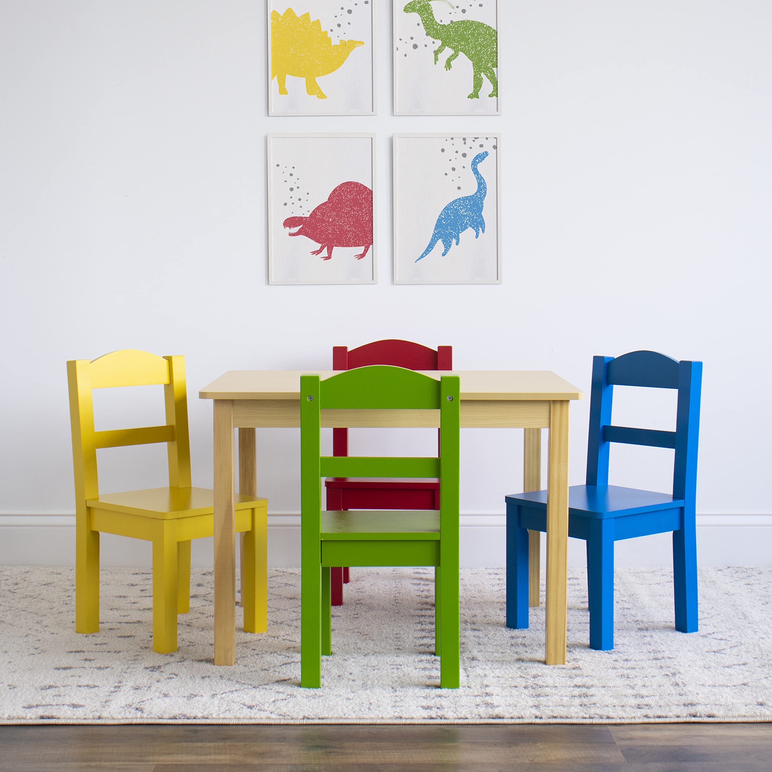 Kids Wooden Table and 4 Chairs Set, Natural/Primary - Kids Table and Chair Set