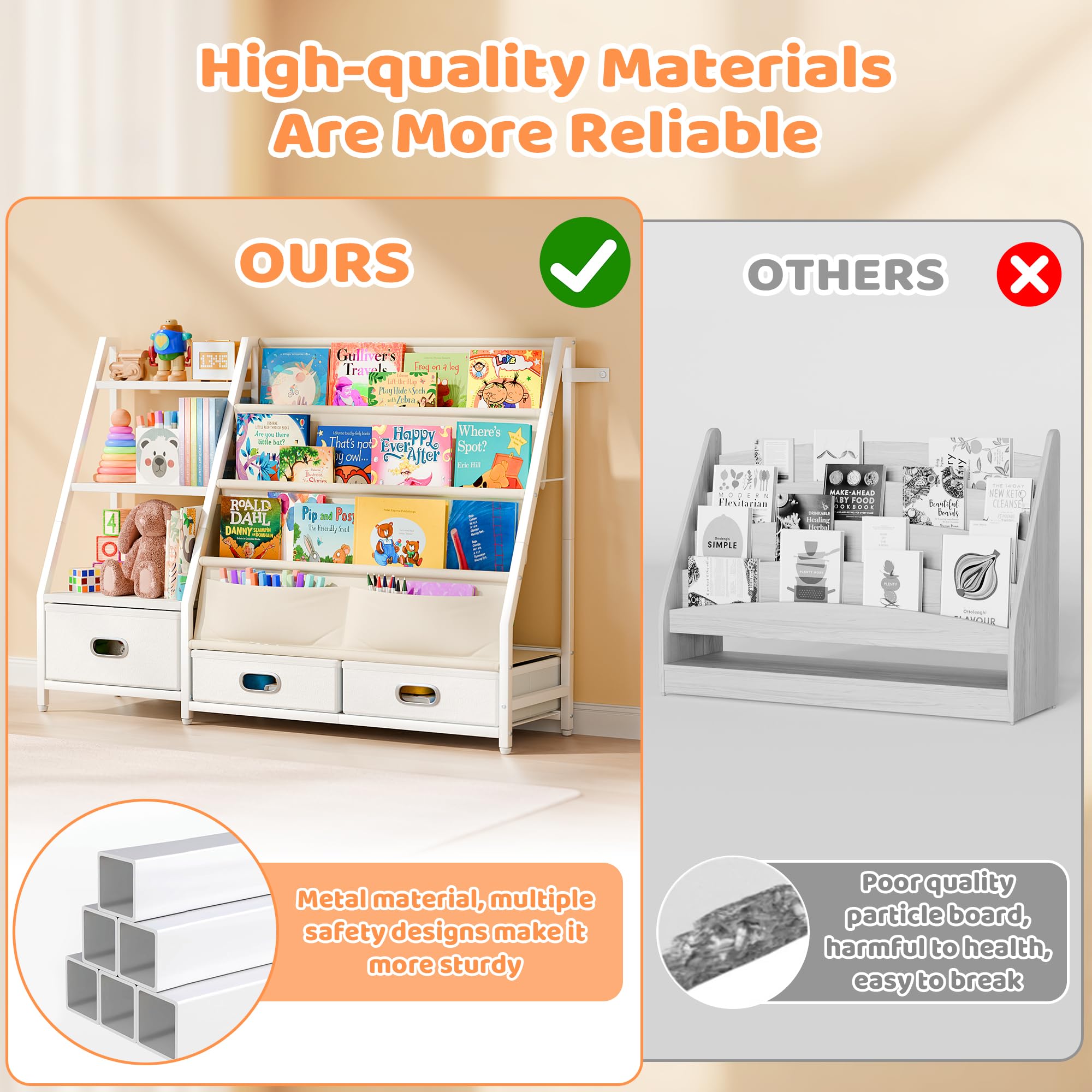 Kids Bookshelf with Storage Drawers - 3 Tier Toddler Book Organizer
