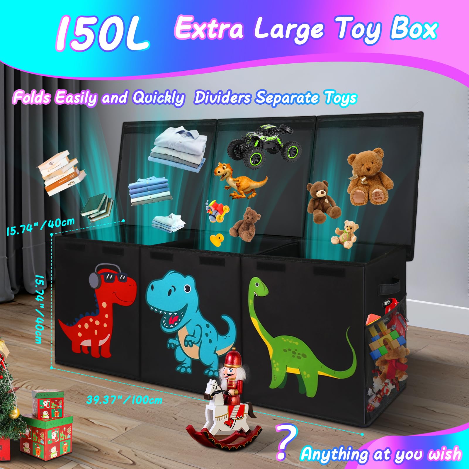 Extra Large Collapsible Toy Storage Box with Lid - 150L Capacity