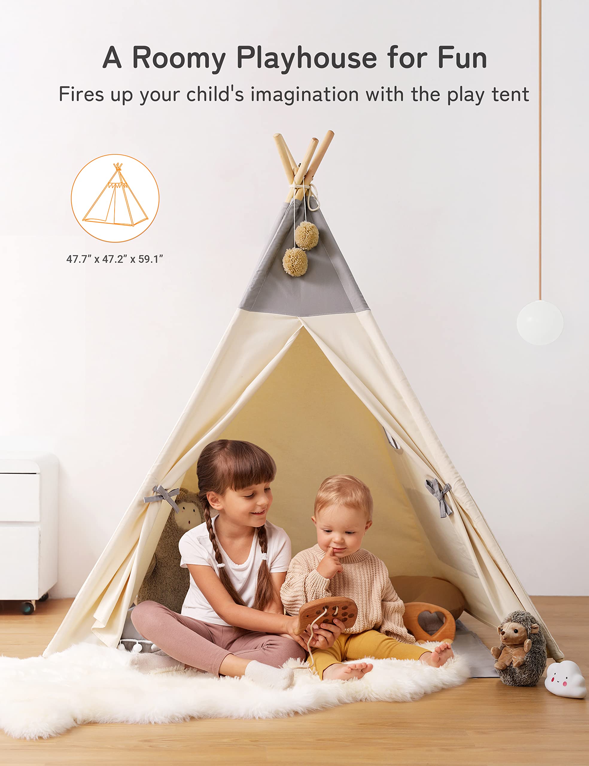 Kids Teepee Tent with LED Lights and Mat