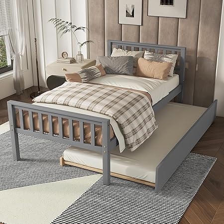 Twin Bed with Trundle, Platform Bed Frame with Headboard