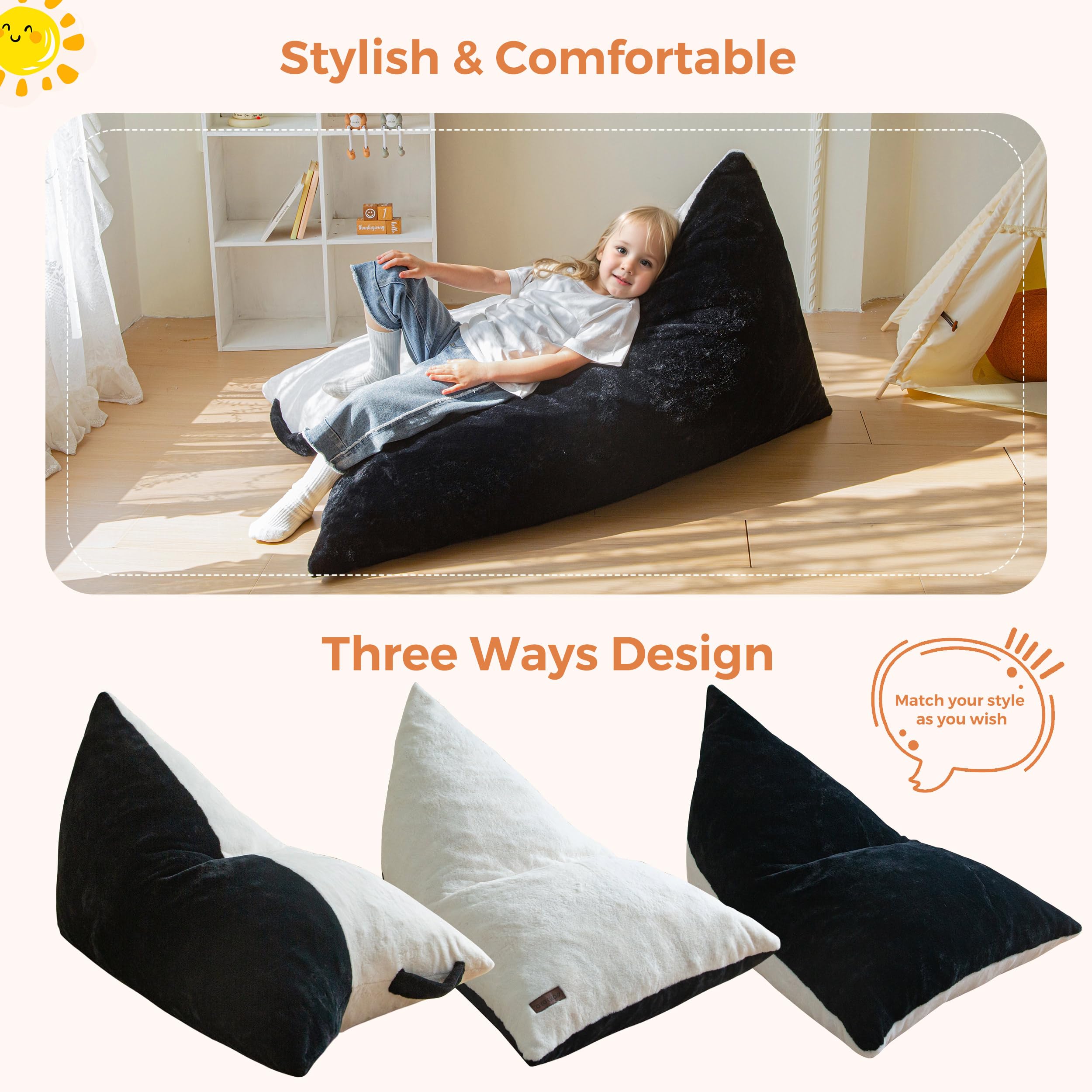 Kids Bean Bag Chair with Handle - Two-Tone Floor Lounger