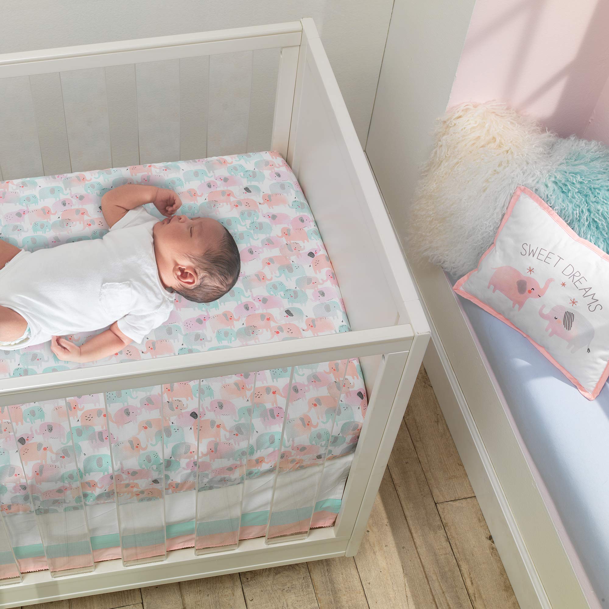 Watercolor Pastel Pink/Mint Rainbow 5-Piece Baby Crib Bedding Set