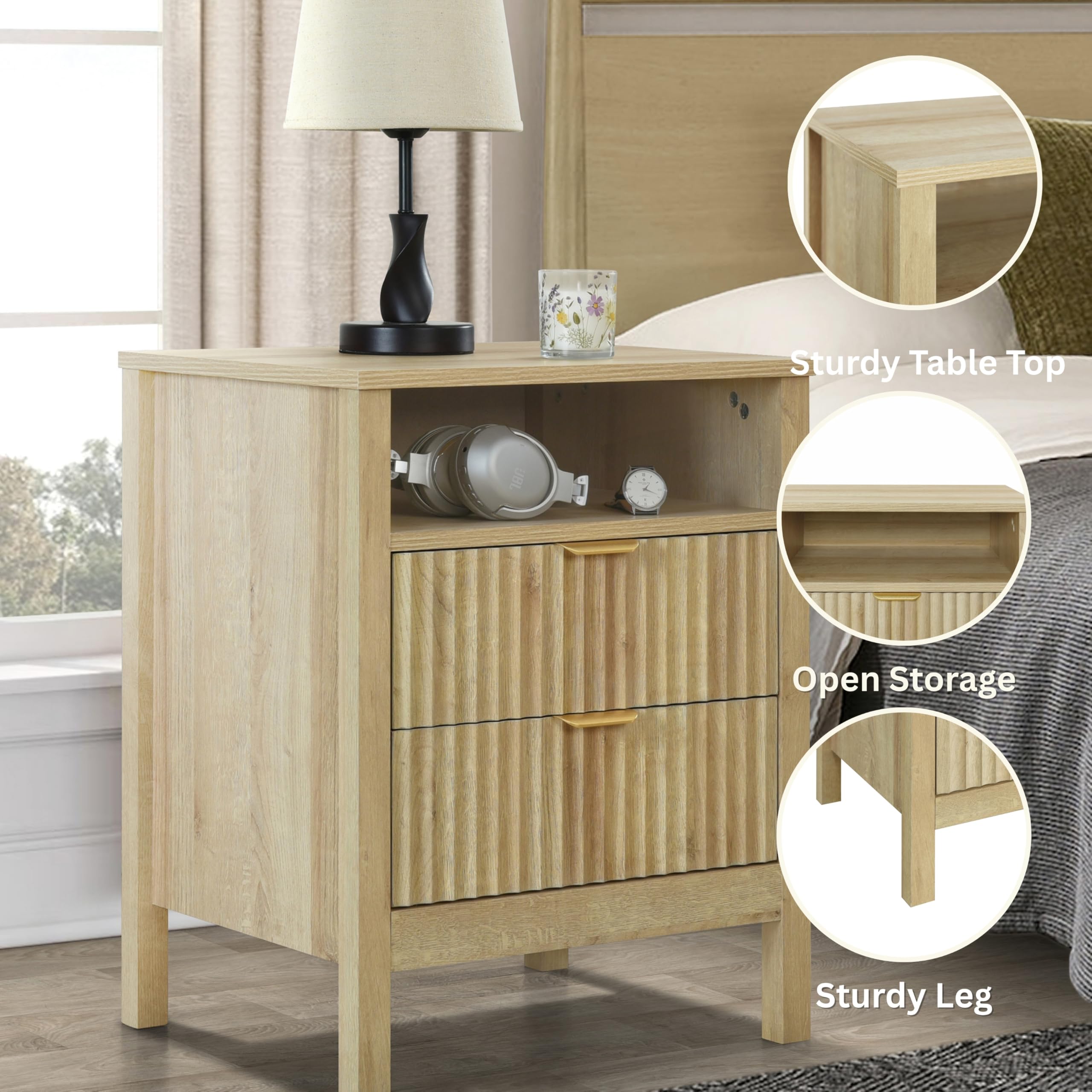 Fluted 2-Drawer Nightstand Set of 2 with Storage