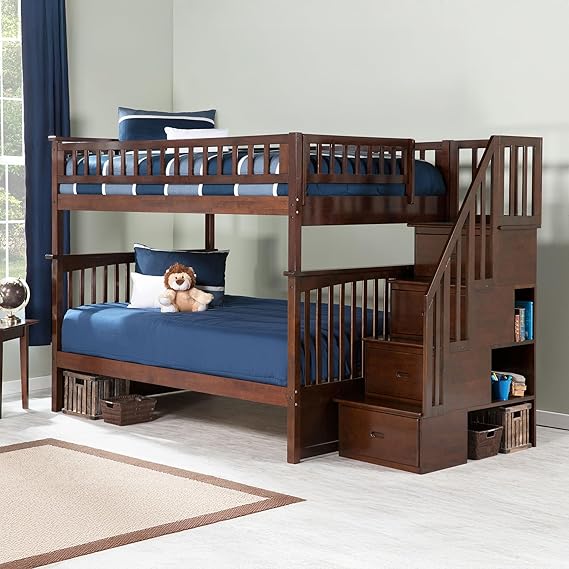 Columbia Twin Over Full Size Staircase Bunk Bed with Charging Station in Walnut