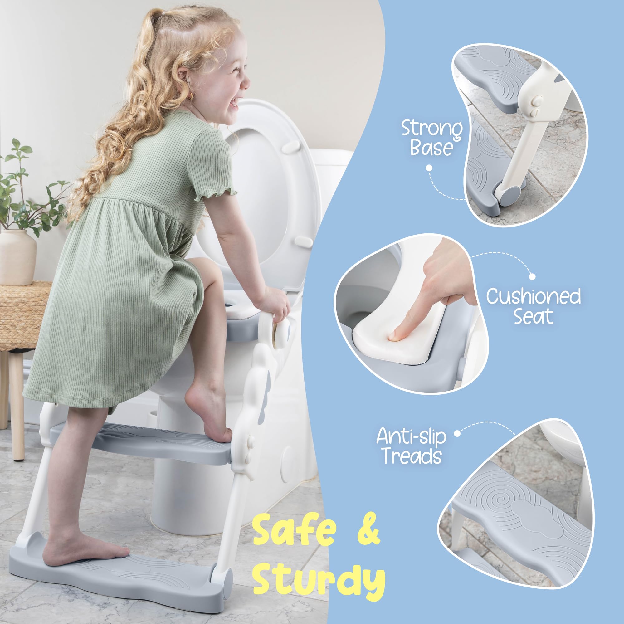 bebeleh Musical & Sound Toddler Potty Training Seat w/Step Stool Ladder - Collapsible & Adjustable Toilet, Pre Assembled Toddler Toilet Seat w/Music & Sounds - Splash Guard & Anti-Slip Steps - Gray