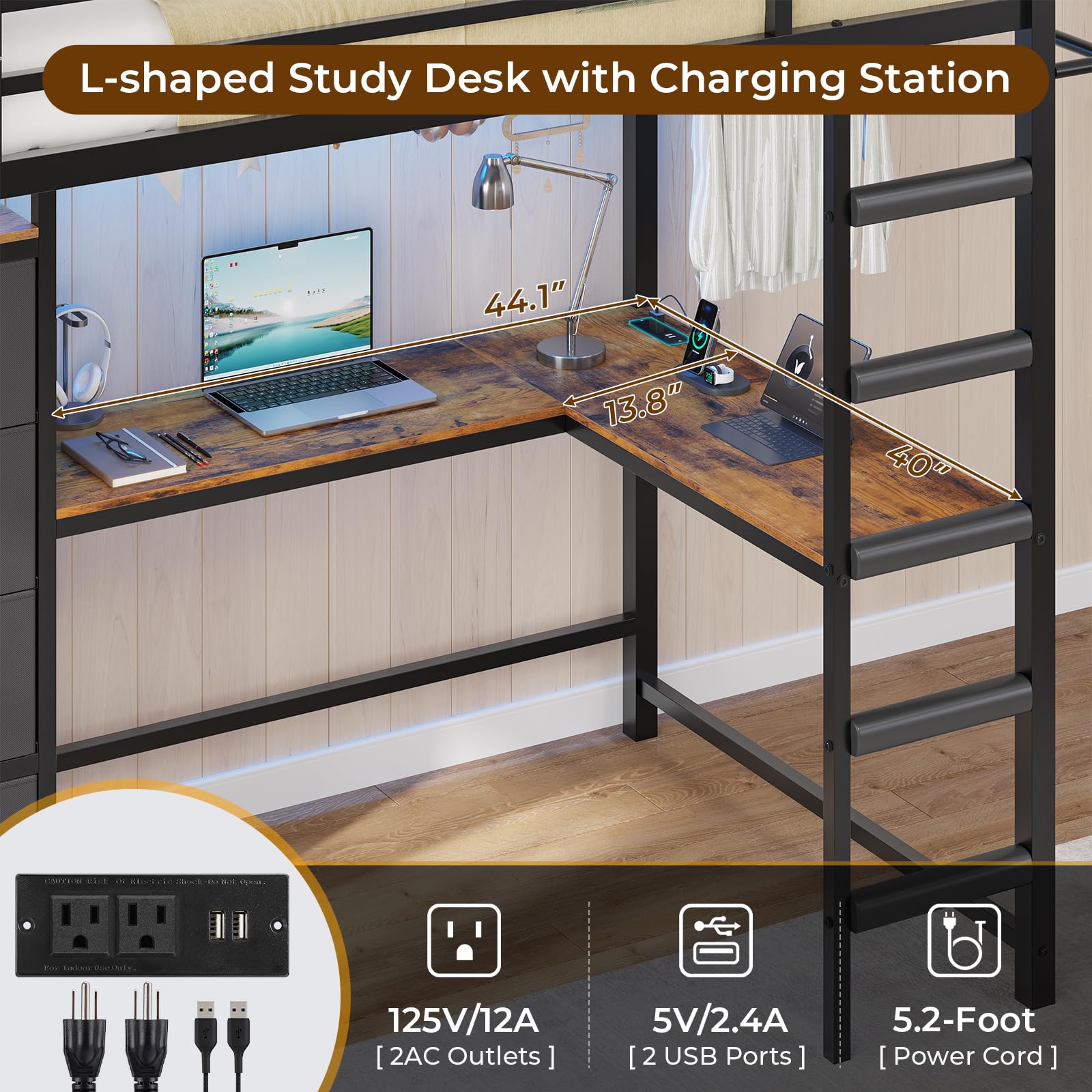 Twin Loft Bed with L-Shaped Desk and Storage Drawers