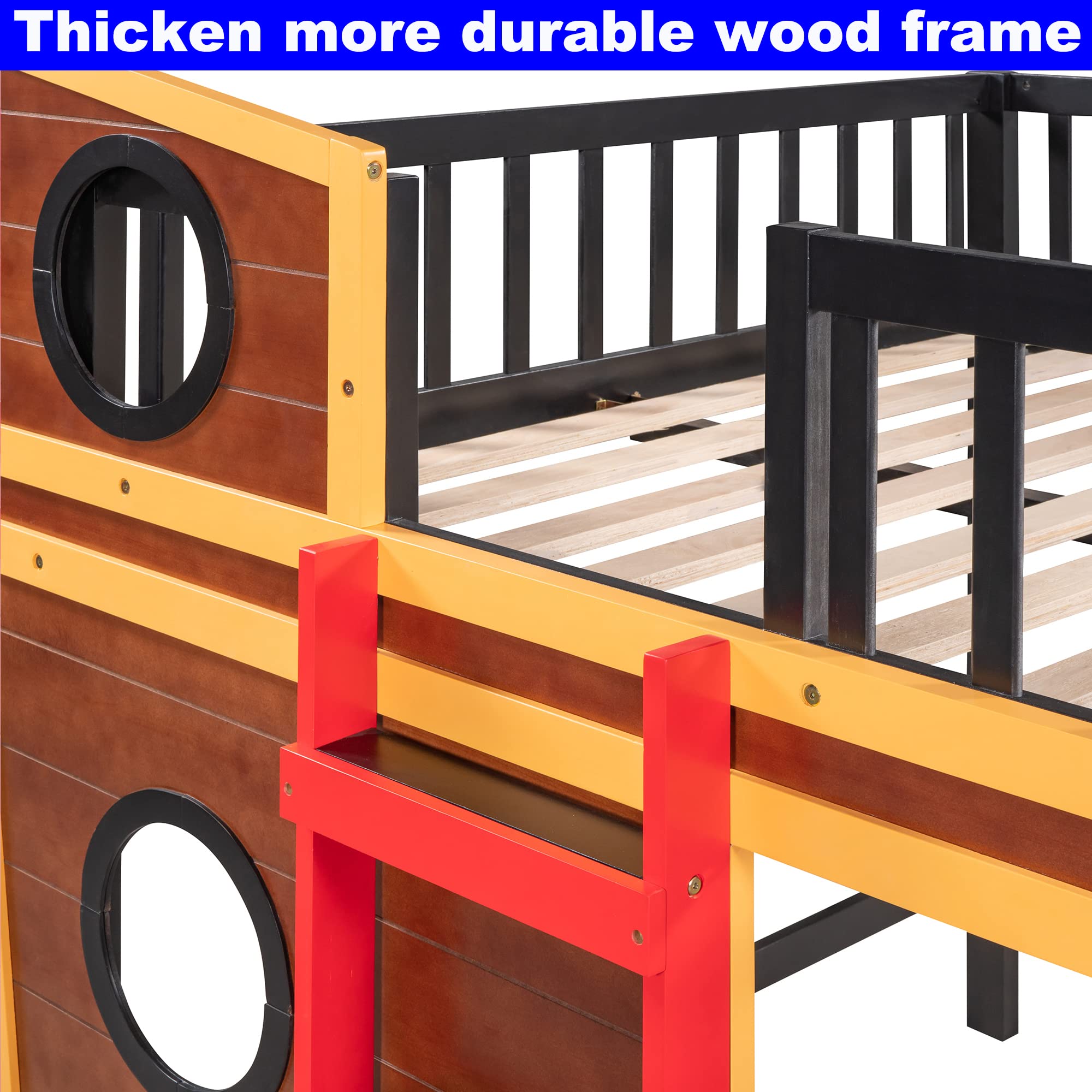 Full Size Low Loft Bed with Boat Design and Safety Rail