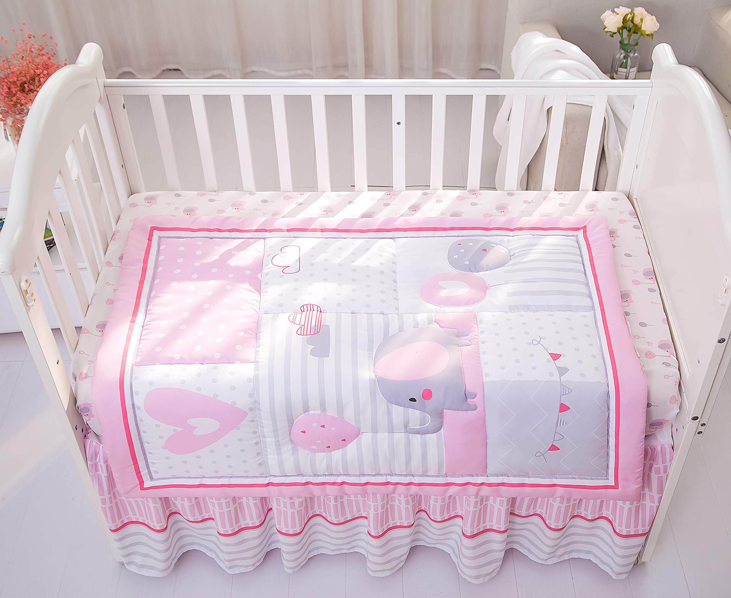 Baby Crib Bedding Set for Girls, Pink Elephant & Love Balloons 3 Piece