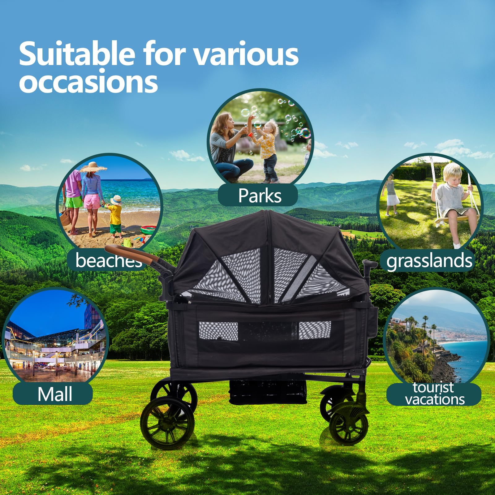 SPWVIP Stroller Wagon for 2 Kids- Lightweight Travel Folding Push Pull Baby Wagon for Newborn&Toddler with 5-Point Harness,Adjustable Canopy,Tray Table,Cup Holder,Storage Pocketsets