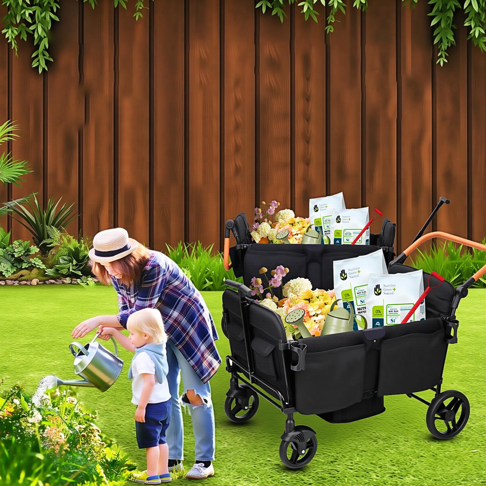 Stroller Wagon for 4 Kids Seated-Tandem Fold Stroller Push-Pull Lightweight Travel Trolley