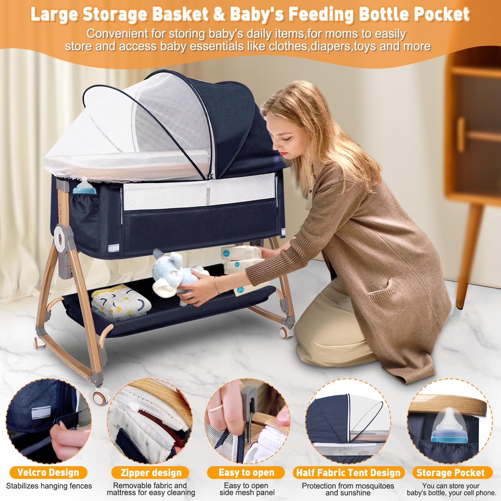 3-in-1 Bedside Baby Bassinet with Adjustable Height