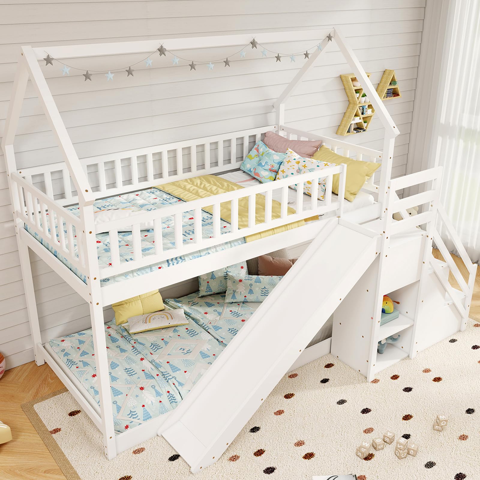 House Bunk Bed Twin Over Twin with Slide & Stairs, Wood Bunk Bed with Storage Shelves