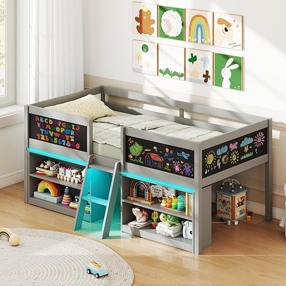 Low Loft Bed Twin Size, Wooden Loft Bed with Ladder & Blackboard