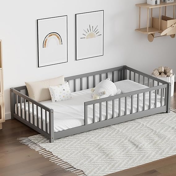 Twin Floor Bed for Kids Solid Wood Montessori Bed Frame