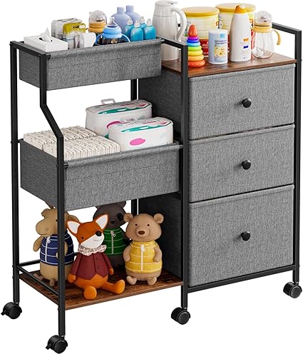 Baby Organizer and Storage - 3 Tier Rolling Cart with Dividers=