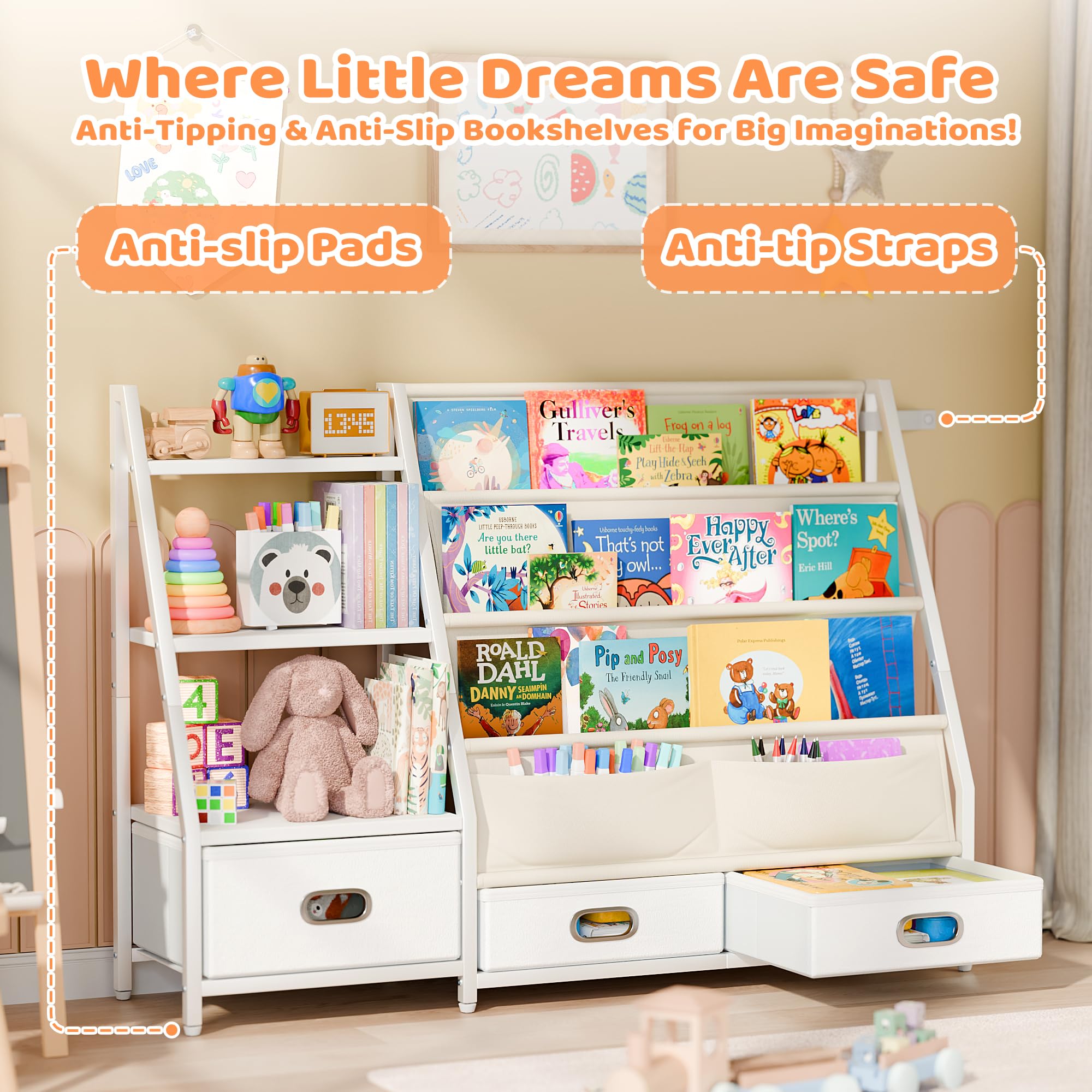 Kids Bookshelf with Storage Drawers - 3 Tier Toddler Book Organizer