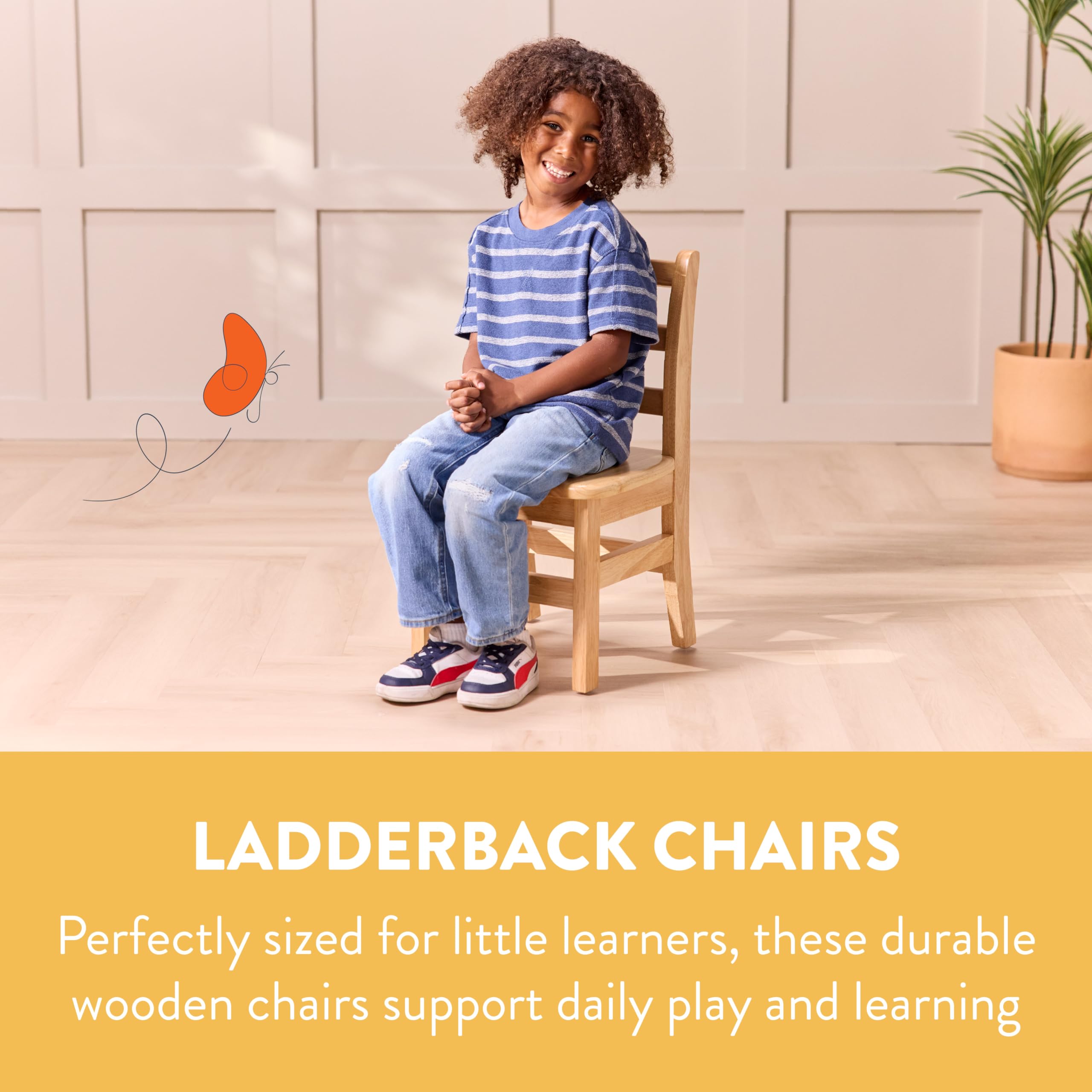 Wooden Ladderback Chairs for Kids, 12 Inch Seat Height, Natural Finish, 2-Pack