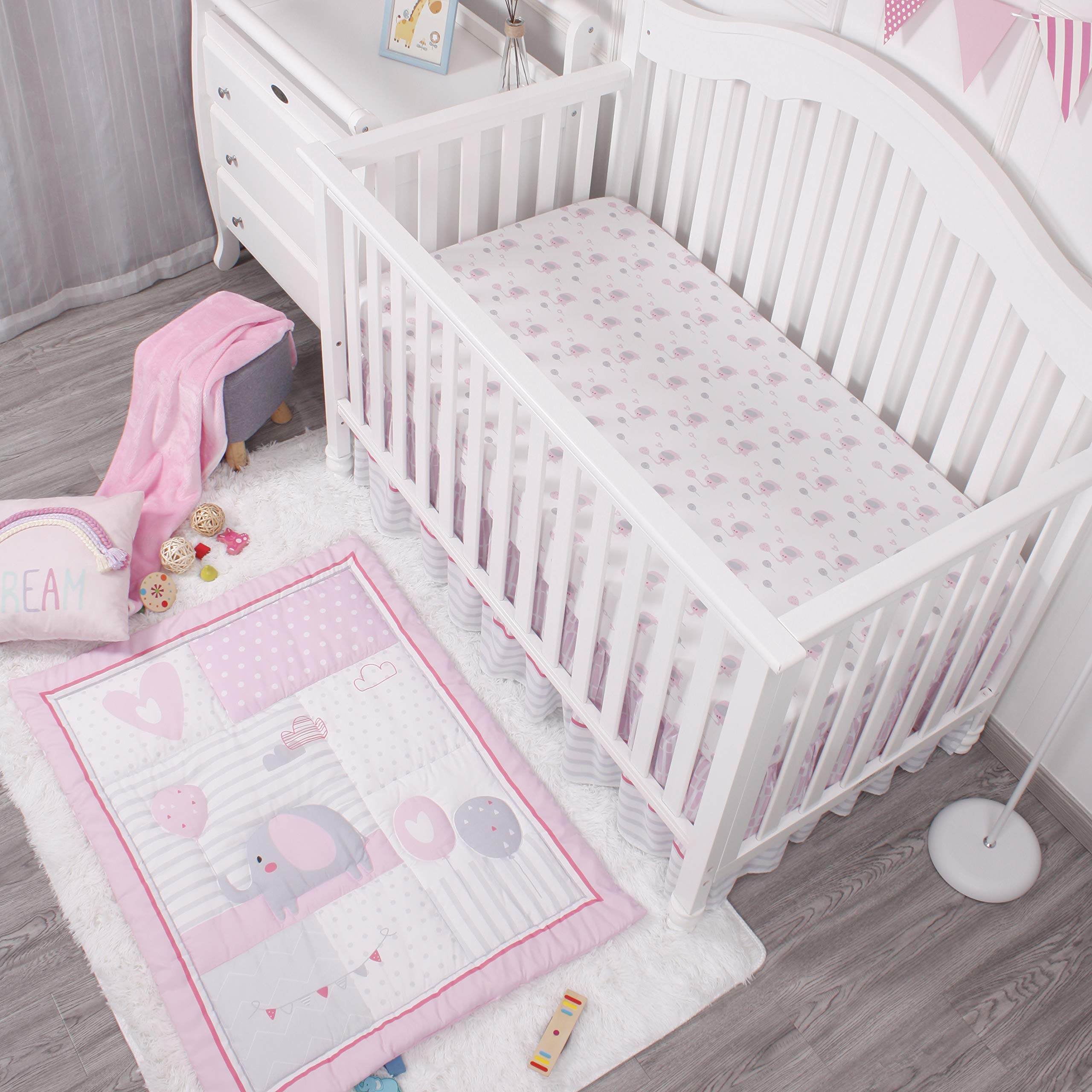 Baby Crib Bedding Set for Girls, Pink Elephant & Love Balloons 3 Piece