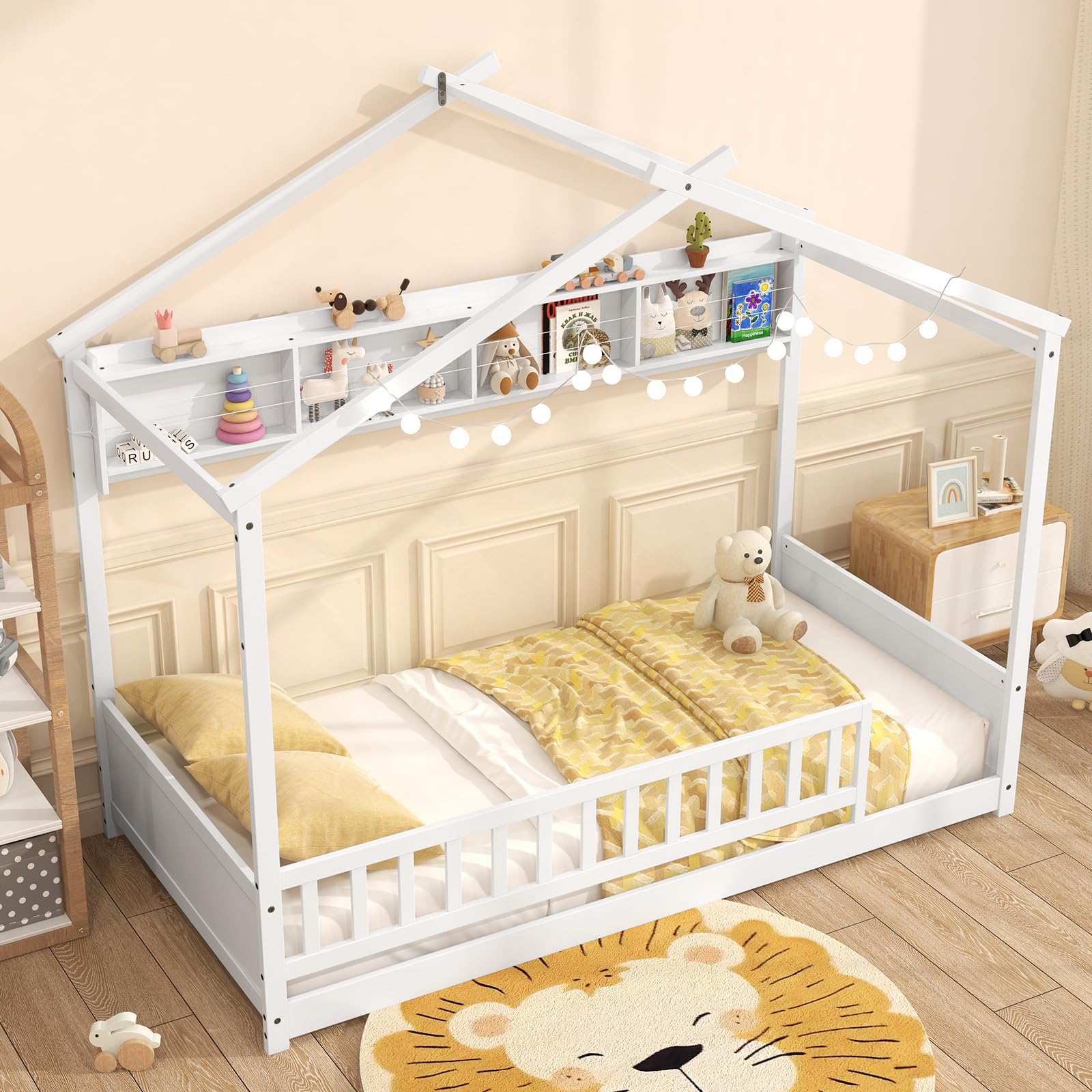 Twin Floor House Bed with Storage Shelf and Safety Guardrails
