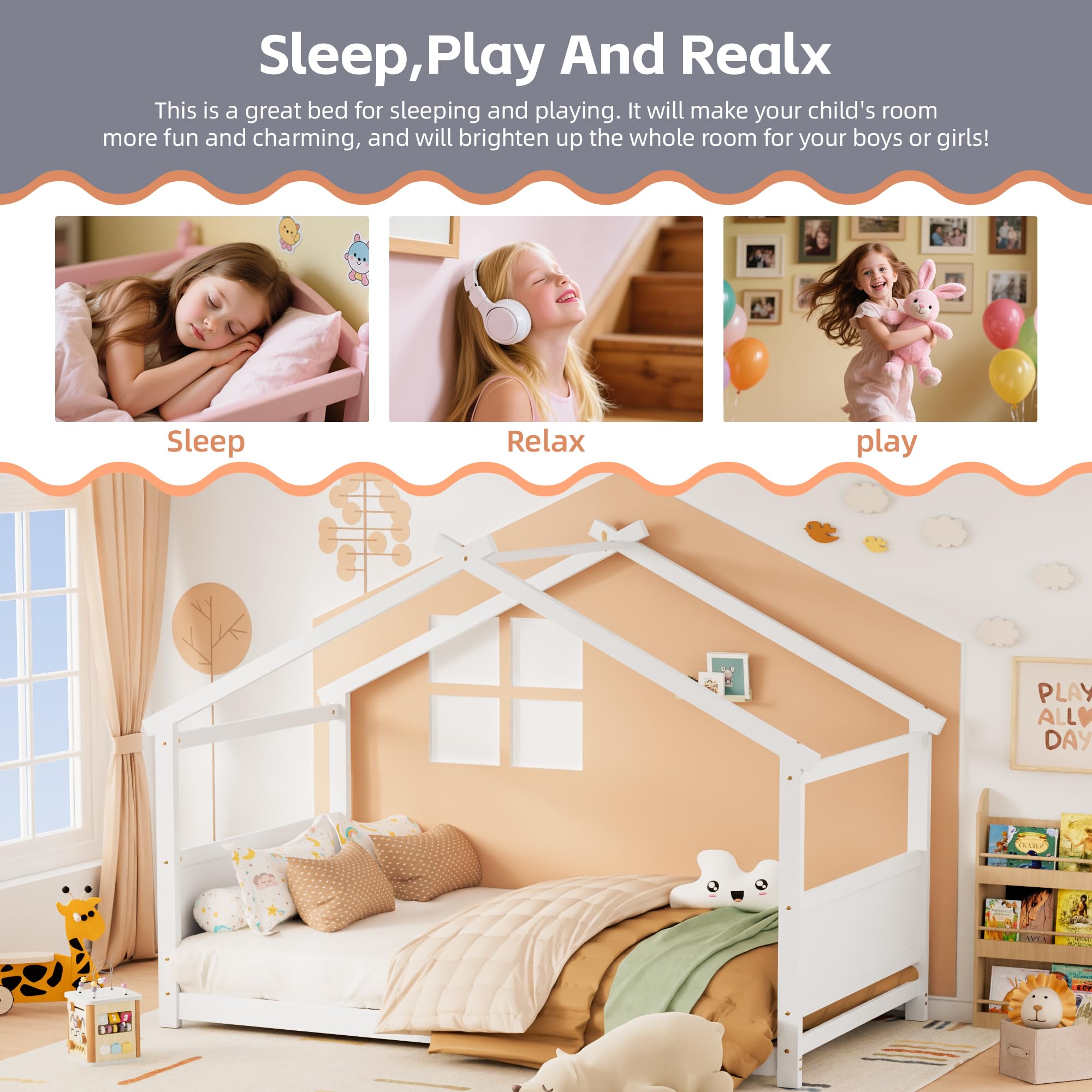 Twin Floor House Bed Frame with Headboard and Footboard