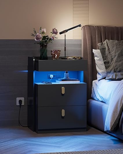 White LED Nightstands Set of 2, Modern Night Stand