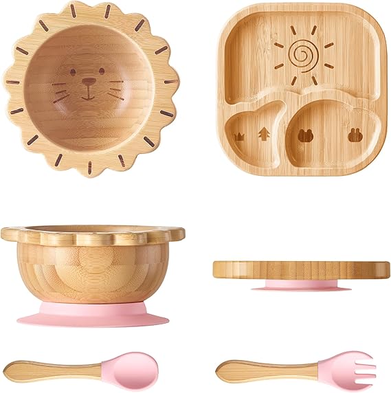Suction Plates Bowls Set for Baby Toddler Non-Toxic Bamboo Feeding