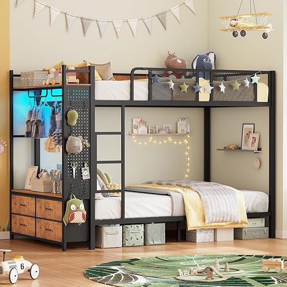 Metal Bunk Bed Twin Over Twin with Hall Tree, Power Outlet