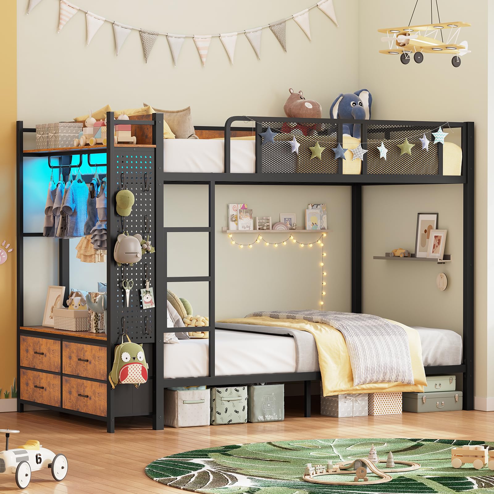 Metal Bunk Bed Twin Over Twin with Hall Tree, Power Outlet