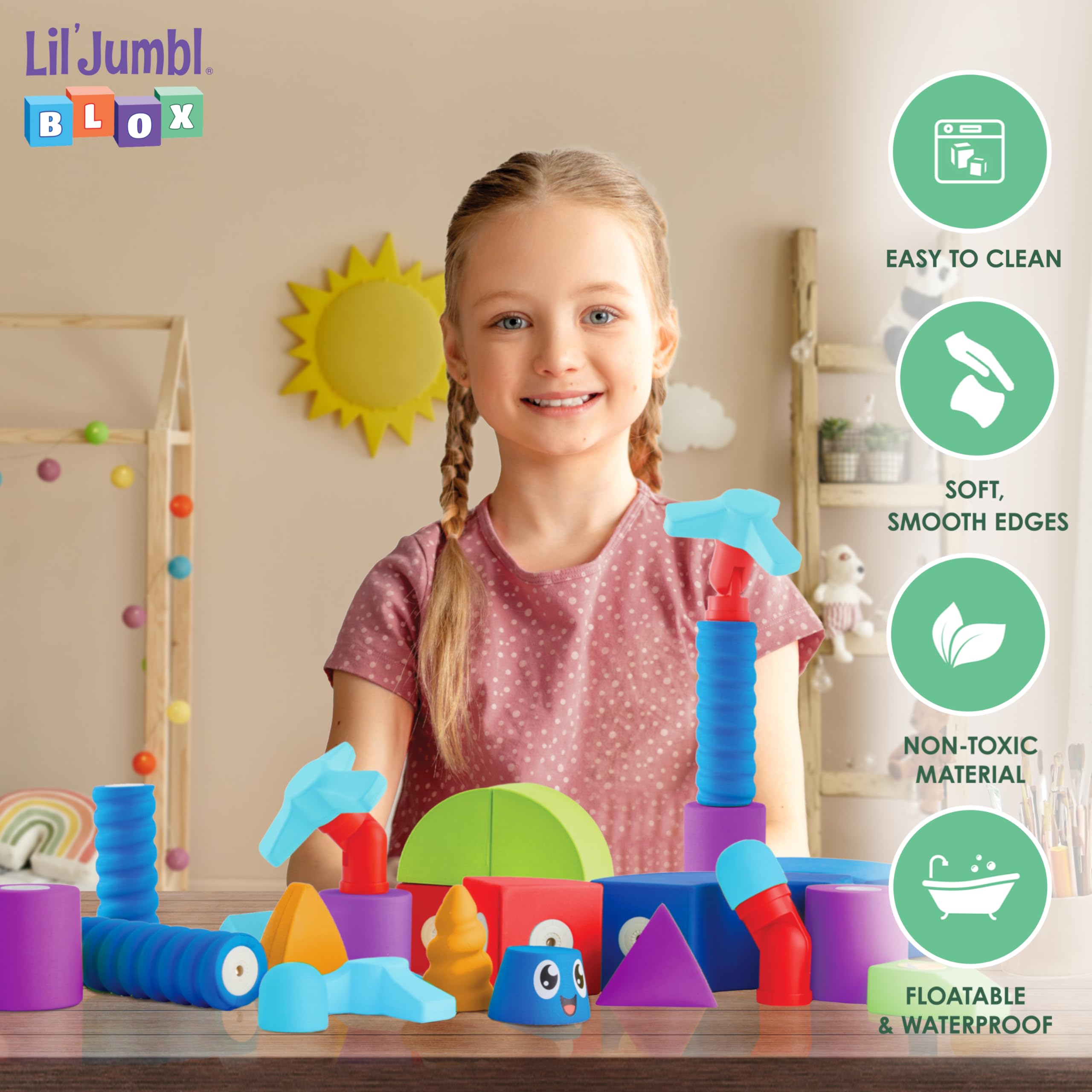 Lil' Jumbl Magnetic Foam – STEM Preschool Sensory Toys for Children, Toddlers, Boys and Girls – 35 Piece Castle Set, Bath Building Blocks, The Supreme Bath Toy, Engineering Toys for Kids 3-6